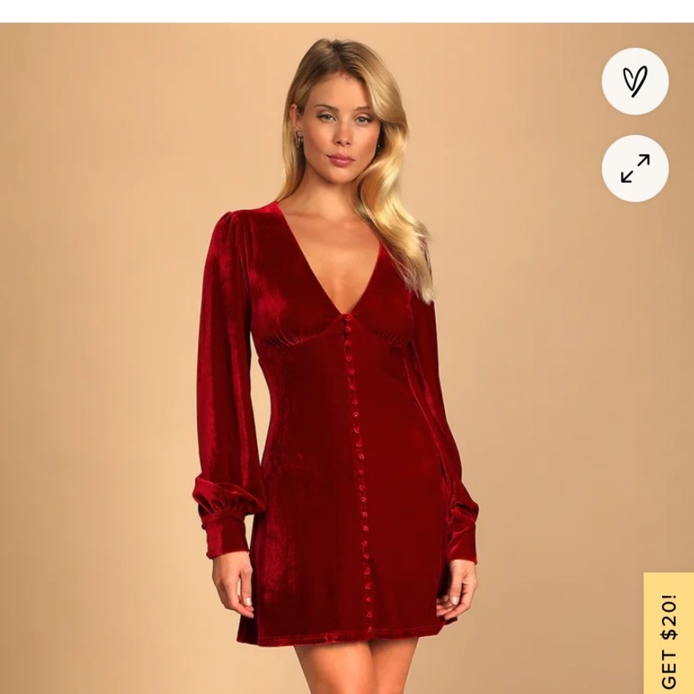 Lulu’s Red Velvet Long Sleeve Button-Up Mini Dress